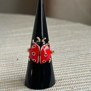 Adjustable  Red and Gold Ladybug Ring with pinkish red stones